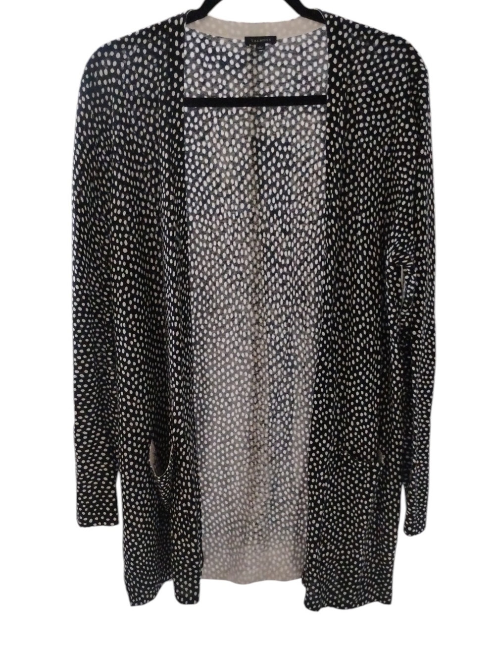Talbots Black and White Polka Dot Knit Linen Blend  Cardigan SZ L